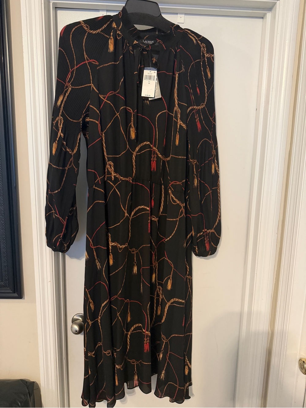 Ralph Lauren Black Long-Sleeve Midi Dress with Rope & Tassel Print